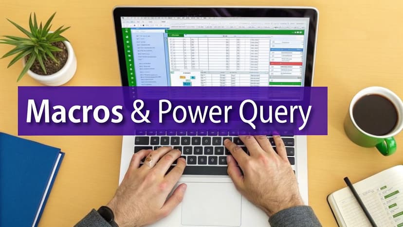 Hands typing on a laptop displaying Excel data with a 'Macros & Power Query' title.