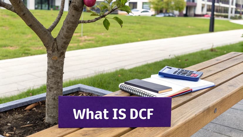 A purple 'What IS DCF' sign placed on a wooden park bench with a calculator and notebooks.