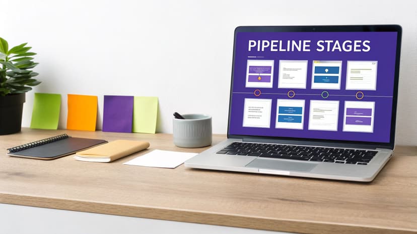A laptop displays 'Pipeline Stages' presentation on a wooden desk with notebooks and sticky notes.