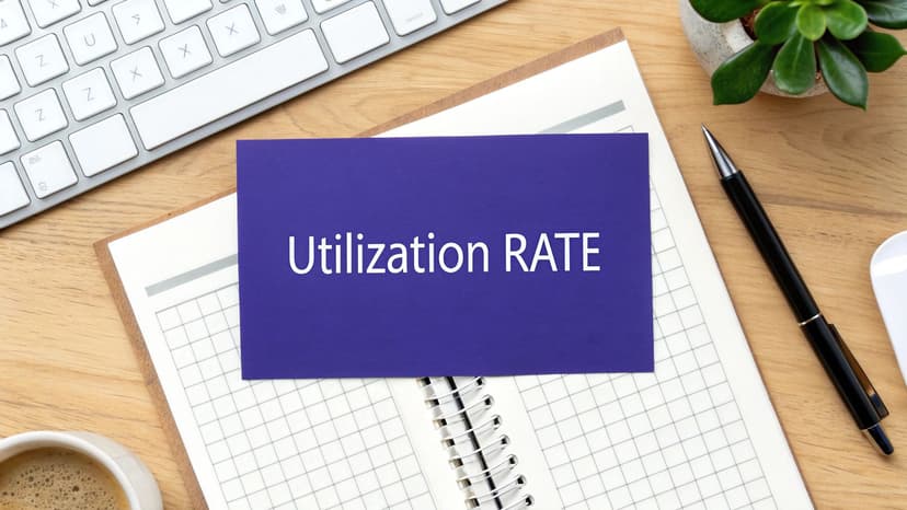 A purple card on a desk notebook displays 'Utilization RATE' amidst a keyboard, pen, and coffee.