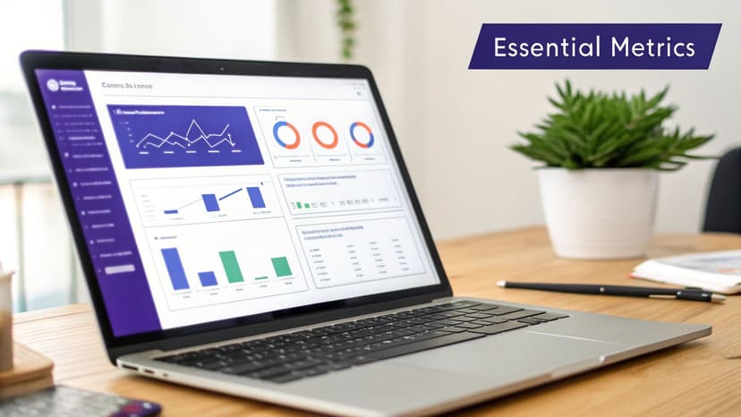 A laptop displays a business dashboard with essential metrics, charts, and data on a wooden desk.