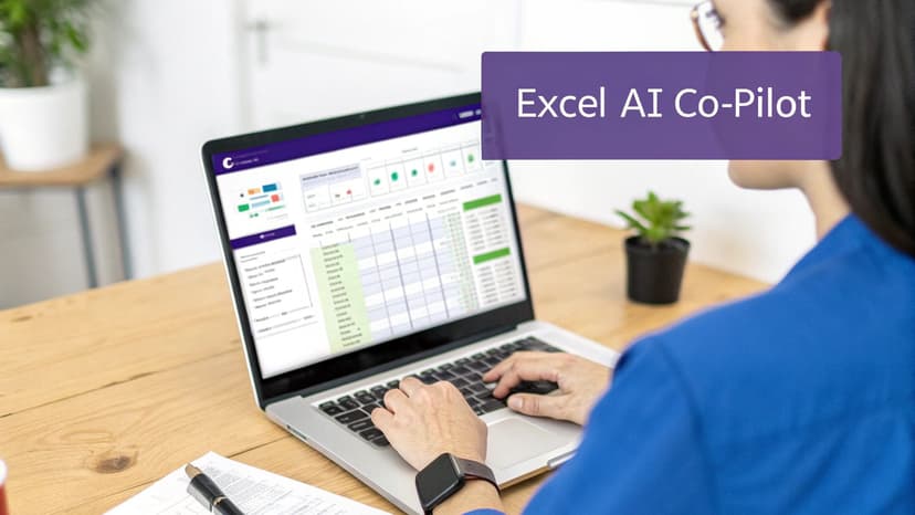 Person using a laptop displaying an 'Excel AI Co-Pilot' overlay.