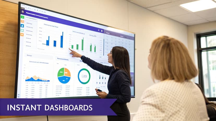 A woman presenting instant data dashboards on a large screen during a business meeting.