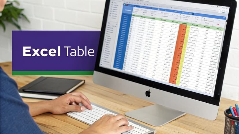 A person typing on a keyboard, working on an Excel table displayed on a desktop computer.