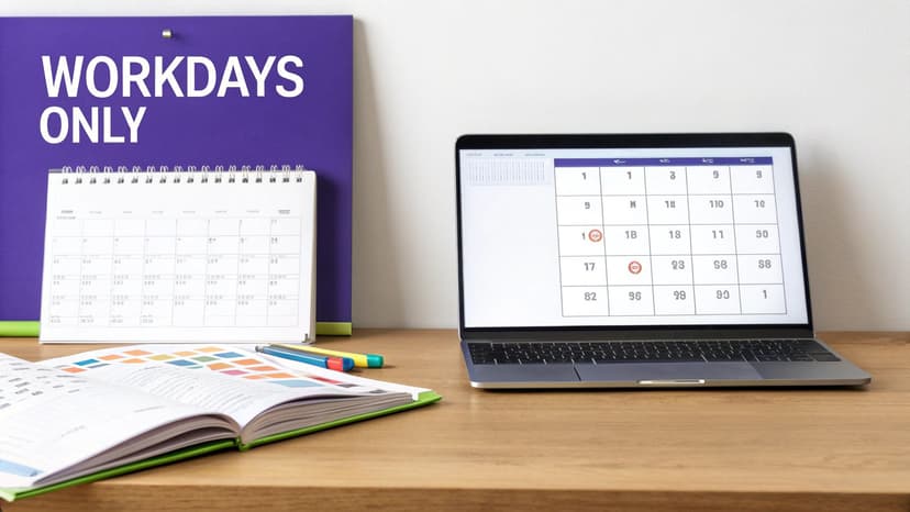 A desk setup featuring a laptop displaying a calendar, a physical calendar, and a 'WORKDAYS ONLY' sign.