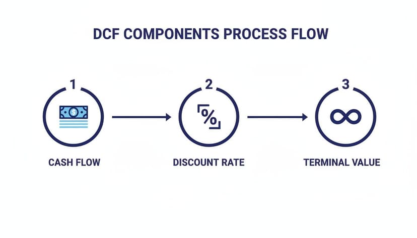A diagram illustrating the DCF Components Process Flow: Cash Flow, Discount Rate, and Terminal Value in sequence.