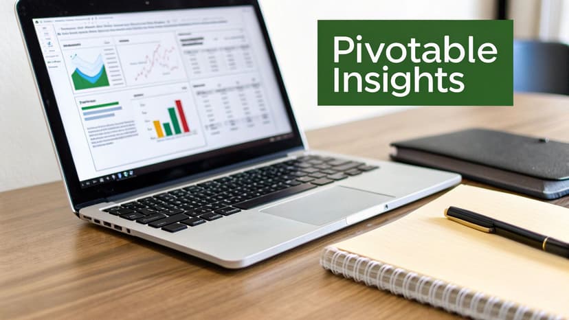 Laptop displaying colorful data visualizations and pivot table charts for business analytics insights