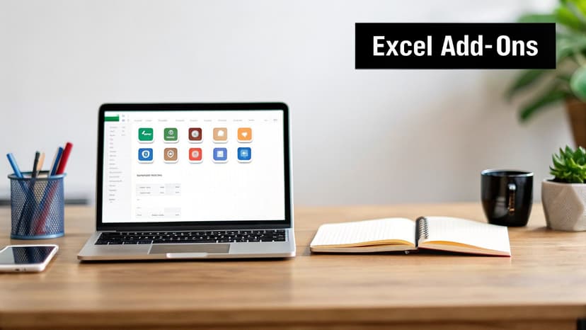 A laptop displaying various application icons for Excel add-ons on a modern wooden desk.