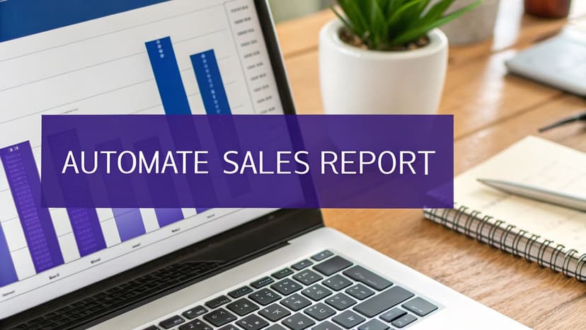 Laptop displaying a financial sales report with bar charts and the text "AUTOMATE SALES REPORT".