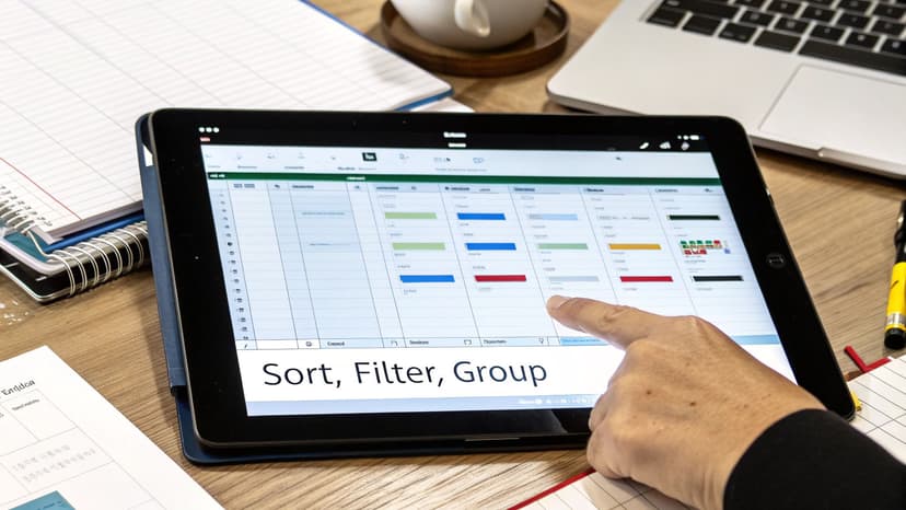 A person's hand interacts with a tablet displaying a data spreadsheet with 'Sort, Filter, Group' text.