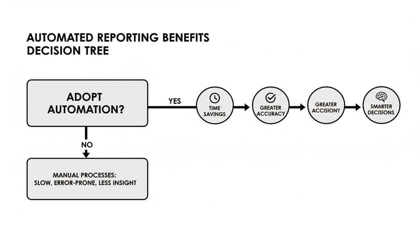 Decision tree illustrates automated reporting benefits: time savings, accuracy, and smarter decisions; contrasts with slow manual processes.
