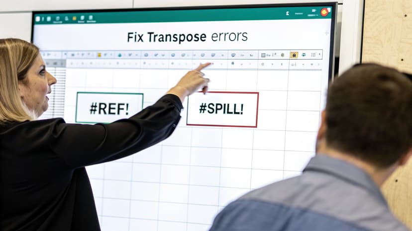 A woman points at a large screen displaying an Excel spreadsheet with "Fix Transpose errors" and error messages like #REF! and #SPILL! to a man.