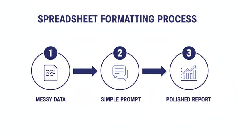 A three-step infographic outlining the spreadsheet formatting process: messy data to a polished report.