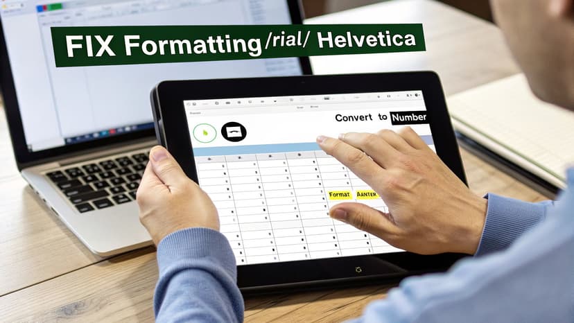 A person uses a tablet showing a spreadsheet application, with a laptop in the background and text overlays.