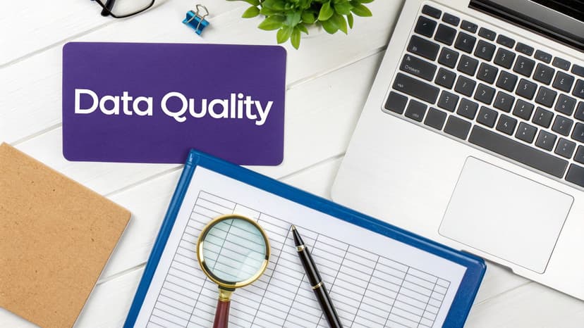 Overhead view of a desk with a 'Data Quality' sign, laptop, magnifying glass, and documents.