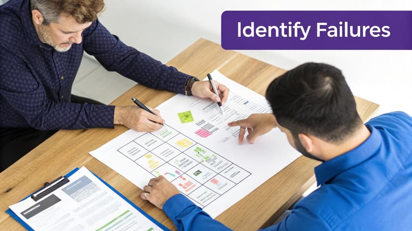 Two men analyze a chart on a table, identifying potential failures during a risk assessment.