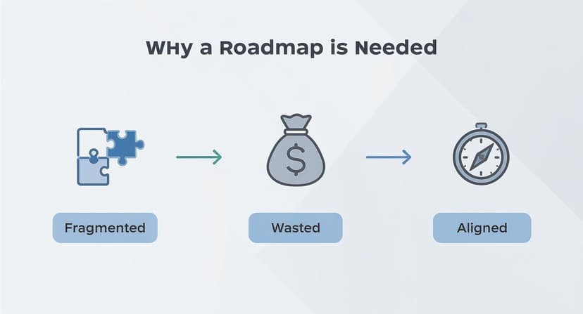 Infographic showing roadmap benefits: fragmented puzzle pieces leading to money bag then compass representing alignment