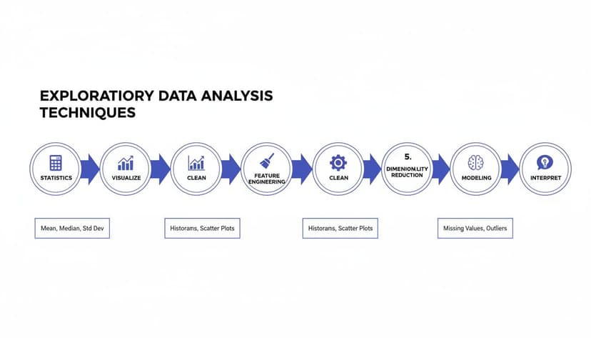 Flowchart illustrating exploratory data analysis (EDA) techniques, including statistics, visualization, cleaning, and modeling steps.