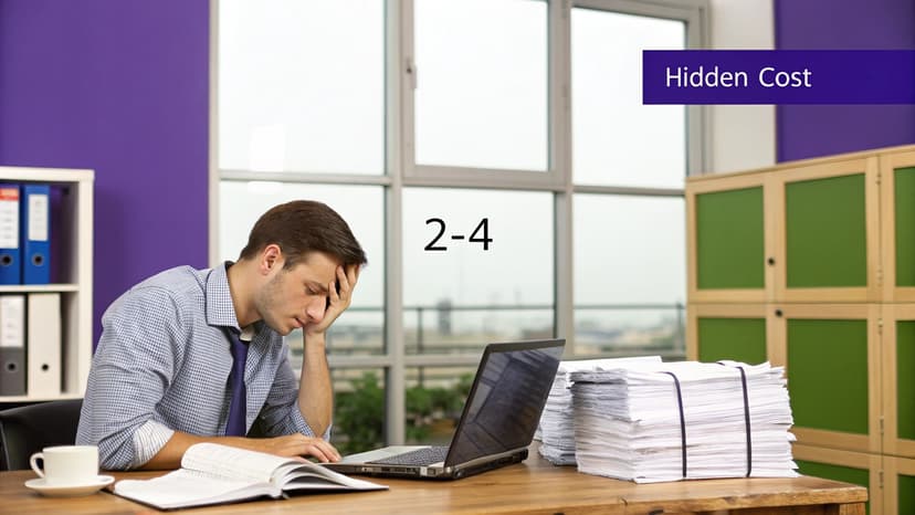 A man looking stressed at his desk with a laptop and a large pile of papers.