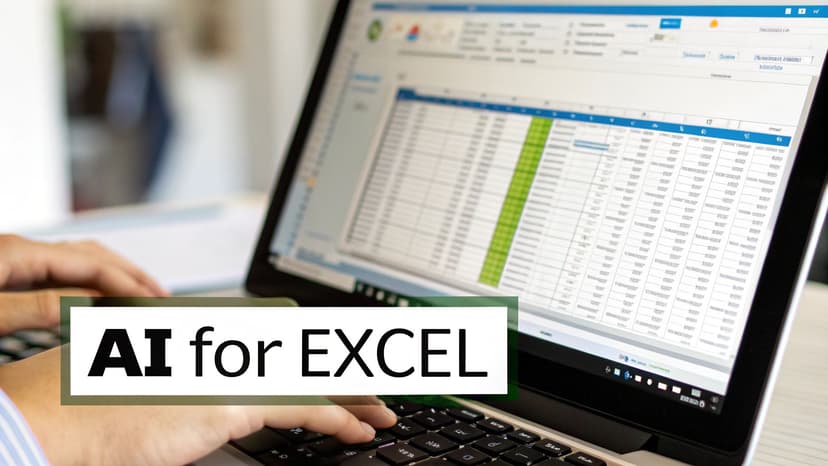 Hands typing on a laptop showing an Excel spreadsheet with the text 'AI for EXCEL'.