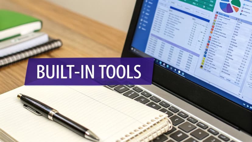 A laptop displaying a spreadsheet application with data and charts, a pen, a notebook, and 'BUILT-IN TOOLS' text.