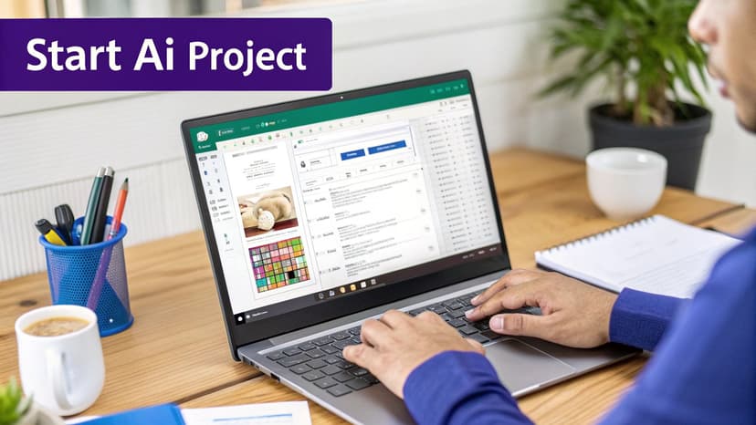 A person typing on a laptop with a complex application on screen, ready to start an AI project.
