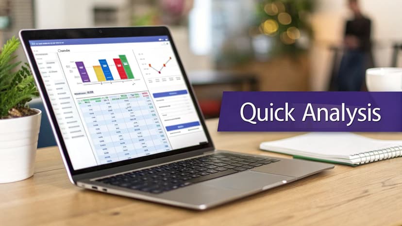 A laptop displaying financial charts and spreadsheets on a wooden desk with a 'Quick Analysis' banner.
