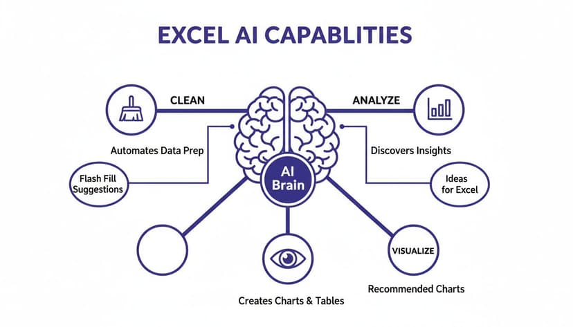 A diagram showcasing Excel AI capabilities, with an AI brain connecting to data cleaning, analysis, and visualization features.