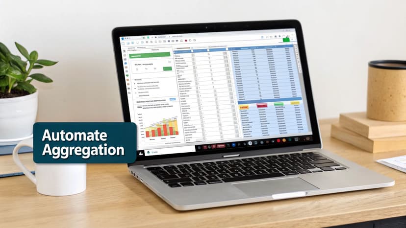 A laptop displays data aggregation software with charts and tables, emphasizing automation on a wooden desk.