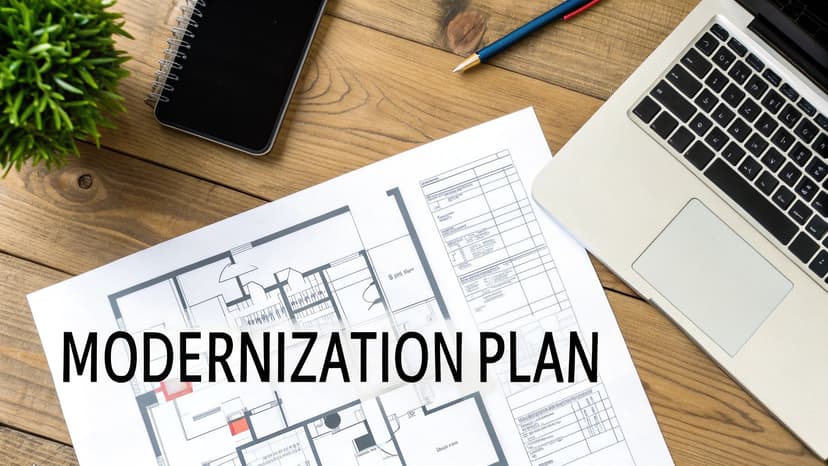 Modernization plan blueprint with laptop, notebook, and pencil on wooden desk workspace