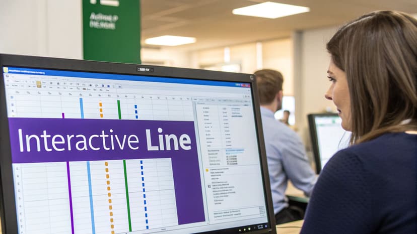 Woman in an office viewing a computer screen showing a chart titled 'Interactive Line' with multiple vertical markers.