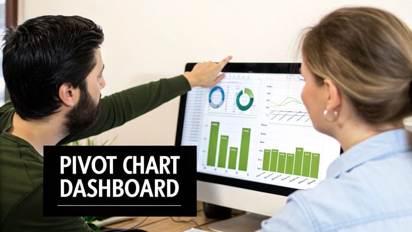 Two colleagues analyze data on a computer screen displaying an Excel pivot chart dashboard.