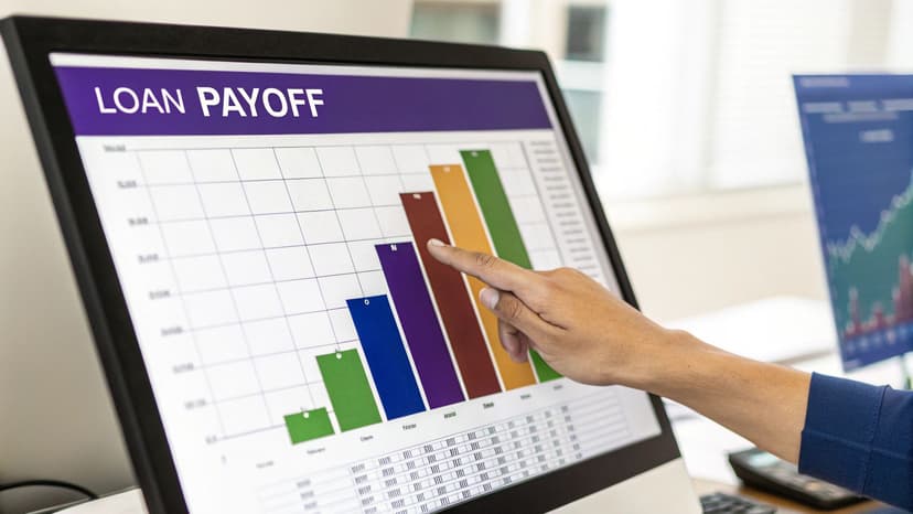 A hand points at a bar chart showing 'LOAN PAYOFF' data on a computer monitor, illustrating financial progress.