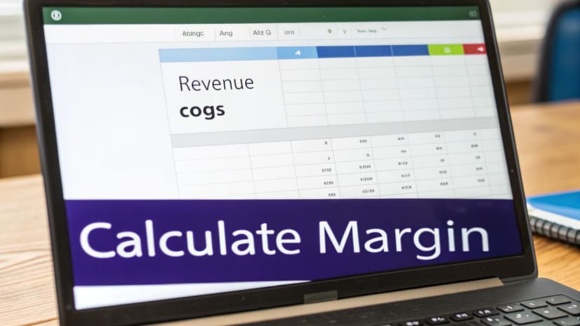 A laptop screen displays a spreadsheet with 'Revenue', 'cogs', and a 'Calculate Margin' banner.