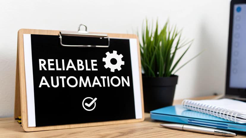 A clipboard on a wooden desk displays 'RELIABLE AUTOMATION' with a gear and checkmark, surrounded by office items.