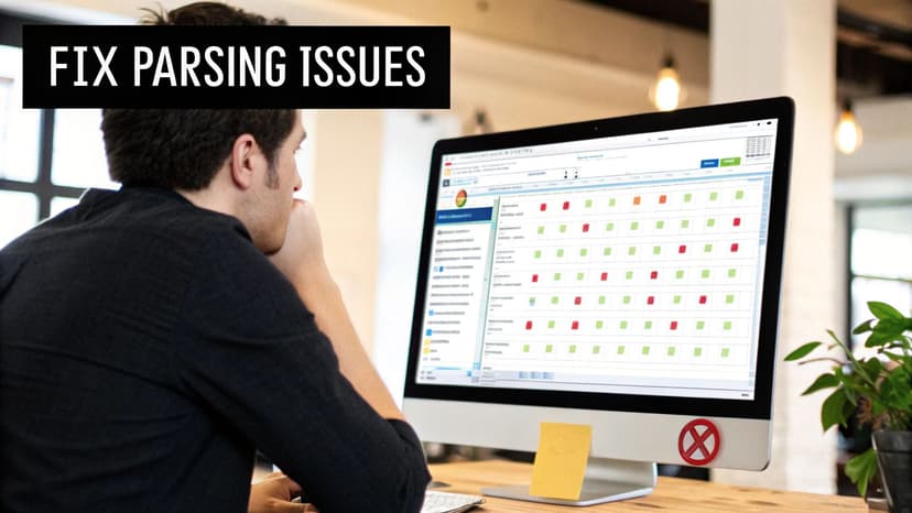 A man fixes parsing issues on a computer screen displaying data analysis with red and green indicators.