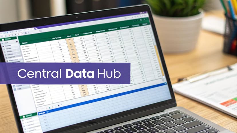 A laptop screen displays a spreadsheet with data, partially covered by a banner reading "Central Data Hub."