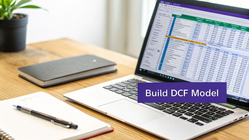 A desk with a laptop showing an Excel spreadsheet for building a DCF model, alongside a notebook and pen.