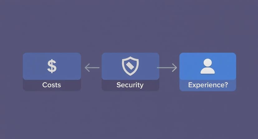 Three interconnected cards showing costs, security, and user experience balanced in system modernization decisions