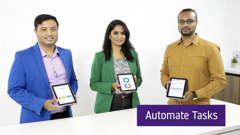 Three business professionals displaying tablets with data visualizations, emphasizing task automation.