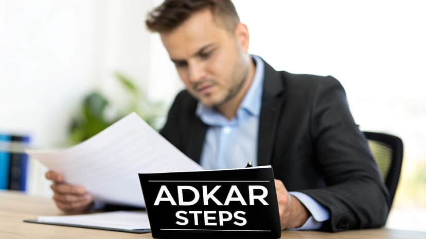 Professional businessman in suit reviewing documents with ADKAR steps sign on desk