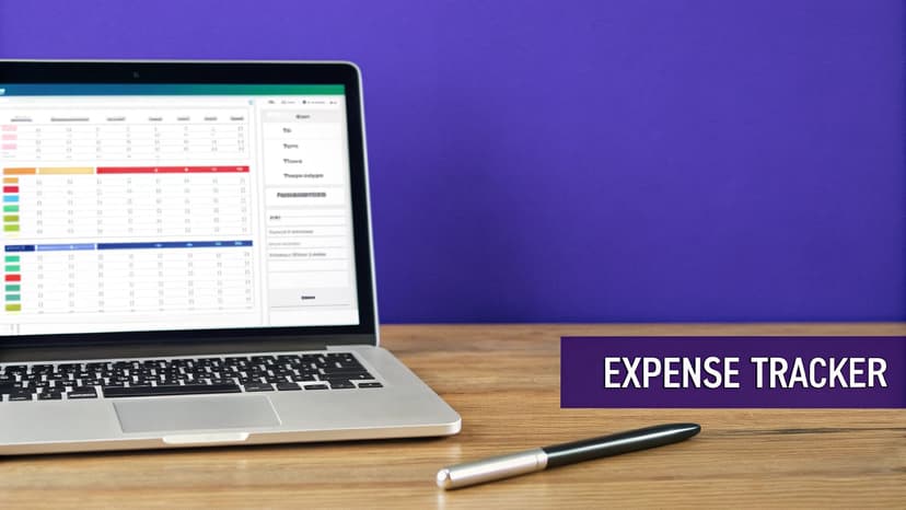 A laptop screen displays an expense tracker application, with a pen resting on a wooden desk.