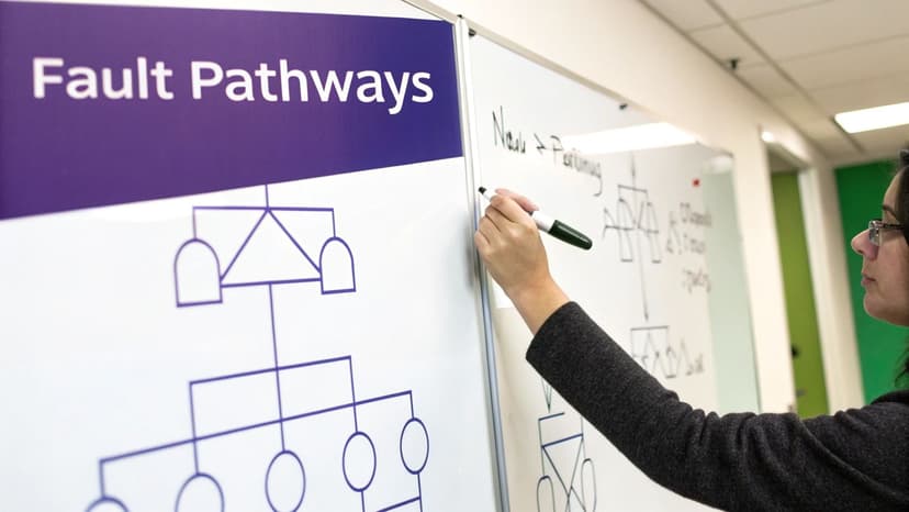 Close-up of a person writing on a whiteboard, featuring 'Fault Pathways' diagrams and text.