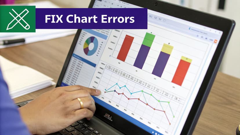 A hand pointing at a laptop screen displaying Excel-like charts and data with 'FIX Chart Errors' text.