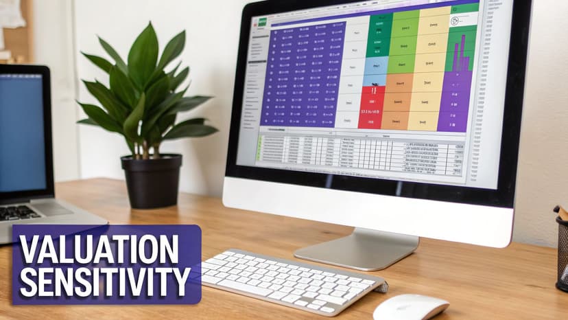 A desk with a computer displaying financial data, laptop, and plant, with 'VALUATION SENSITIVITY' text.