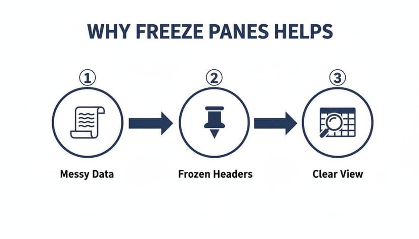 Infographic showing how freezing panes transforms messy data into a clear and organized view.