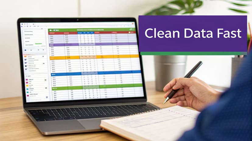 Person cleans data fast using a laptop displaying spreadsheets while taking notes in a notebook.