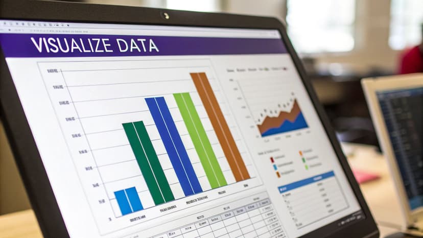 A laptop screen displays various data visualization charts, including bar graphs and area charts, titled 'VISUALIZE DATA'.