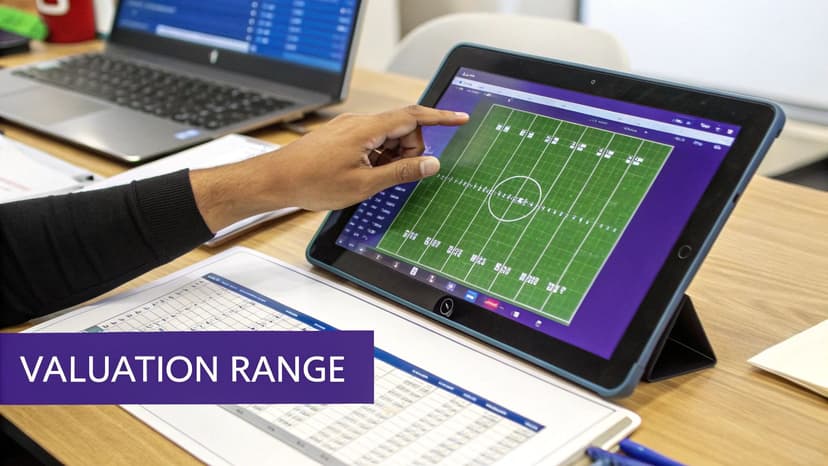 A person's hand interacts with a tablet showing a grid display, next to a laptop and papers, illustrating data analysis and valuation.
