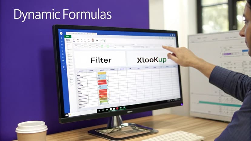 A person points to an Excel spreadsheet on a computer monitor, showing "Filter" and "XLookUp" functions.